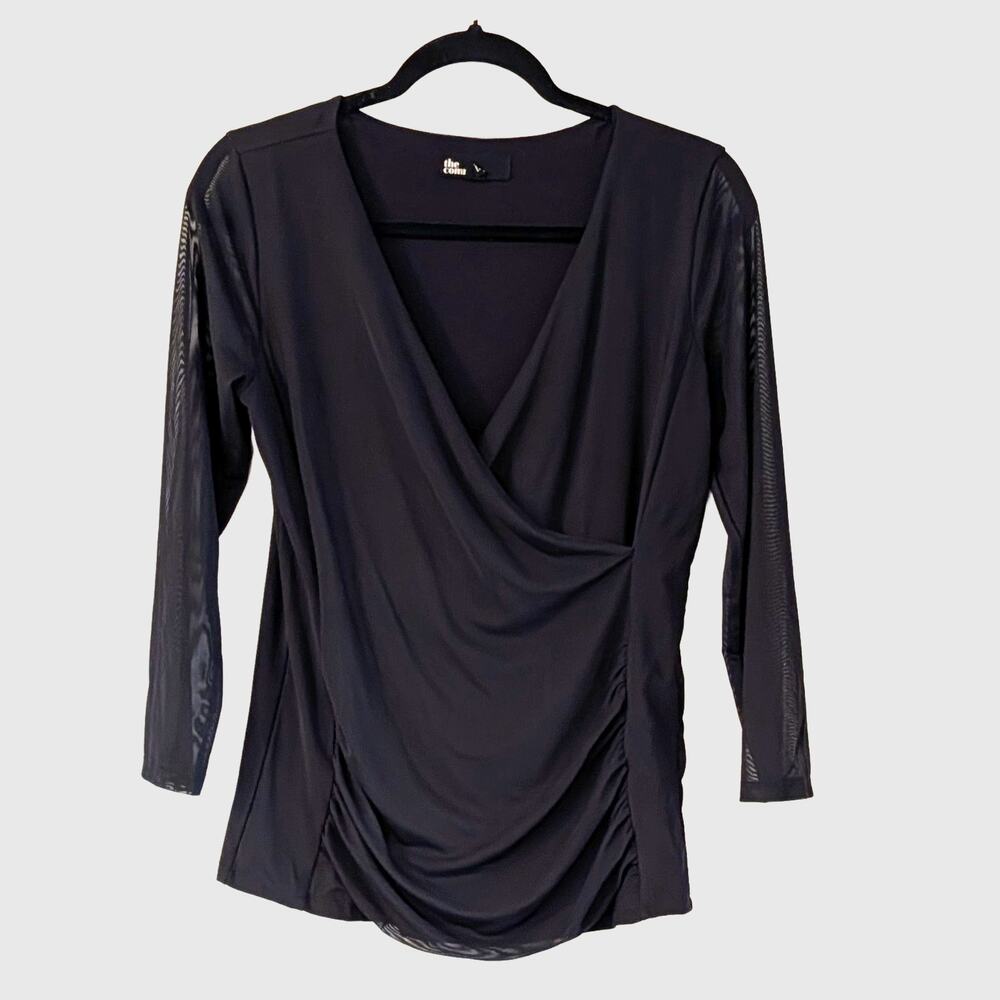 The Commons Black Faux Wrap Top M Mesh Sleeve Ruched Stretch Blouse Lined